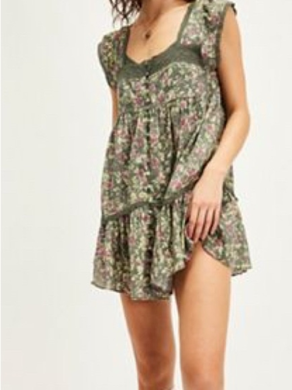 Free People Alessia Olive Green Floral Ruffle Mini Dress